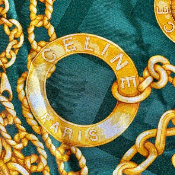 CÉLINE PARIS Hand-Rolled Silk Scarf in Emerald Green and Gold - Picture 3 of 13